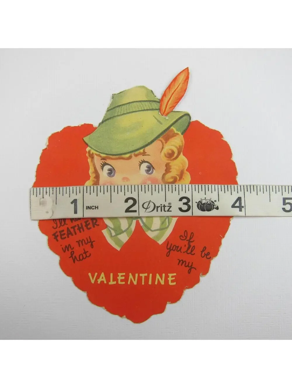 Vintage Valentine Die cut Blonde Girl Green Peter Pan Hat Feather Red Heart